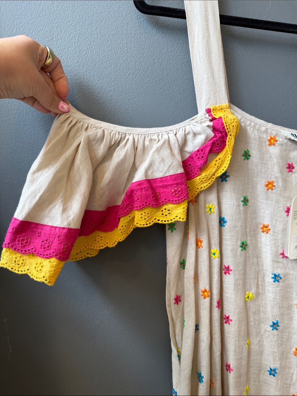 Beige Linen Embroidered Maxi Dress with Rainbow Trim - Picture 4 of 5